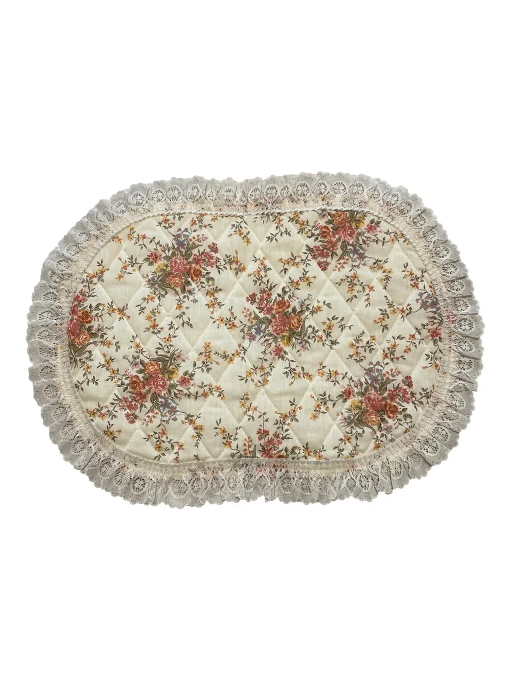 Vintage 70s Floral Quilted Lace Placemats - Cream with Rose Pattern (Set of 3)